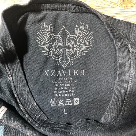 Xzavier Shirt Men Large Black Short Sleeve Shiny Print Goth Y2K Skull Gun Peace - Picture 3 of 4